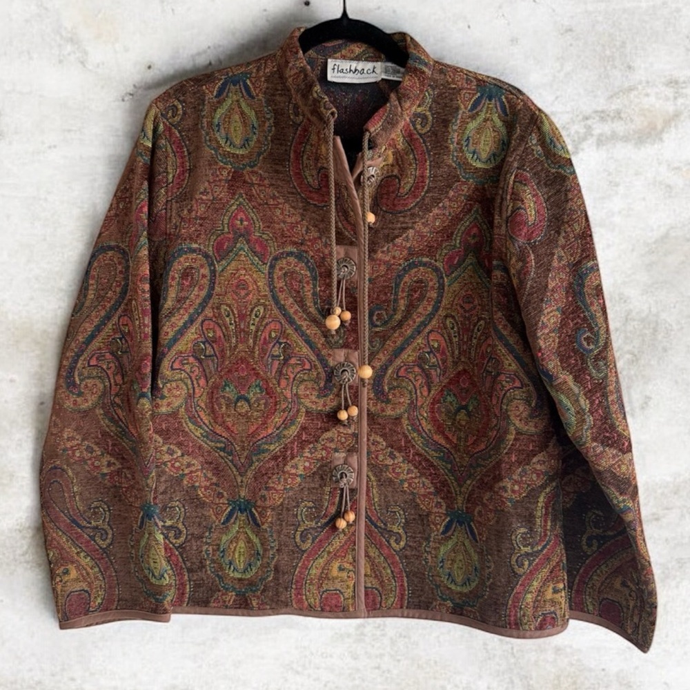 Vtg 90s Artsy Paisley‎ Print Tapestry Brocade Dark Academia Jacket S Brown Boho